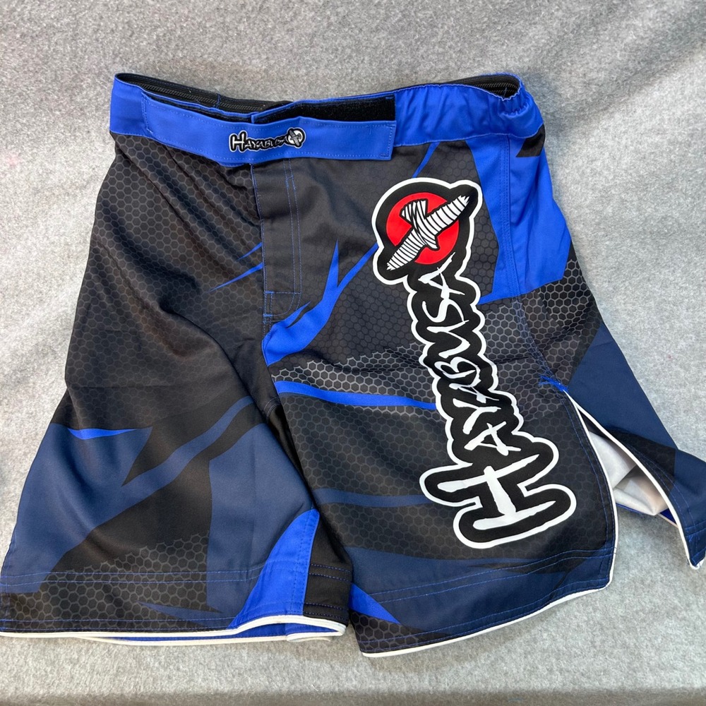 Hayabusa MMA Fight Shorts Graphic Logo Men Black Blue Performance Training sz 30